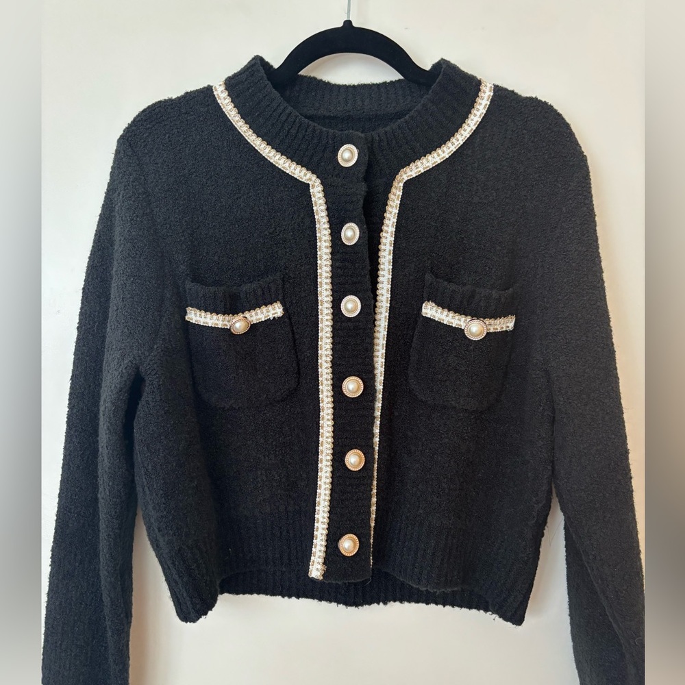 Elegant Black Cardigan with Pearl Accents